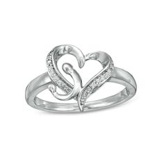 Your mom will enjoy the creative look of this cute heart ring. Fashioned in sterling silver, this style features a whimsical heart-shaped outline shimmering with diamond accents. An artful motherly love design gleams along one side. Polished to a bright shine, this ring is destined to be adored. Diamond Heart Ring For Valentine's Day, Heart-shaped Promise Ring With Diamond Accents, Heart Shaped Promise Ring With Diamond Accents, Heart Charm Ring For Anniversary And Mother's Day, Mother's Day Anniversary Heart Ring With Charm, Heart Cut Promise Ring For Mother's Day, Open Heart Promise Ring For Mother's Day, Mother's Day Open Heart Promise Ring, Silver Diamond Heart Ring For Valentine's Day