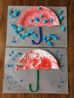 two paper plates with blue and red umbrellas on them, one is made out of construction paper