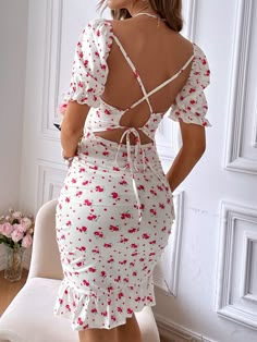 White Boho  Short Sleeve Polyester Ditsy Floral Bodycon Embellished Medium Stretch  Women Dresses Summer Clothes From Shein, Red And White Dress Outfit, Cute Short Summer Dresses, Sun Dress Outfit, Cute Bodycon Dresses, Stretch Fabric Dress, Ruffle Summer Dress, Cross Back Dress, Backless Dress Summer