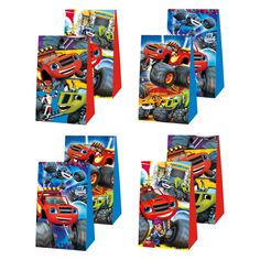 four bags with monster trucks on them are in the shape of small gift bages