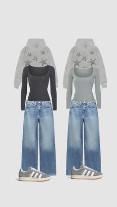 two outfits with long sleeves and wide jeans, one in grey and the other in black