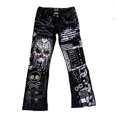 Before ordering, please message me with your waist size and inseam or your height in INCHES (optional - leg and bottom calf)/your height so I could make sure they will fit you perfectly. Patchworked, embroidered and painted pants with chains, eyelets and studs. They can also be skinny/flared/straight fit. The graphics can be replaced with something else of your choice. The patches and the painting might vary a bit but the overall look will be similar. Machine washable at 30-35oC. http://www.inst Punk Rave Pants, Goth Custom Pants Void, Hot Topic Skull Pants, Skull Patches Punk, Battle Pants Metal, Print Pant, Cheap Punk Style Denim Jeans, Skull Pant, Custom Cross Pants