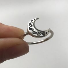 Super sweet! Petite Crescent Moon ring with carved tribal patterning.Very comfortable and light, yet sturdy and substantial.pure 925 Sterling Silver Crescent Moon Ring, Moon Crescent, Grass Valley, Moon Ring, Midi Rings, Silver Moon, Toe Rings, Super Sweet, Crescent Moon