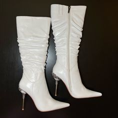 Vicious Shoes 8p242 Boots White Leather High Heel Boots. Metal Heels With Rhinestone Trim. 4' Heel Height. Overall In Good Condition, Worn Only Inside. Some Scuffs And Marks On The Boots, Not Very Visible (Please See Photos), Few Rhinestone Are Missing (Please See Photos). Size 35, Can Fit Us 6 Metal Heels, Leather High Heel Boots, Boots White, Rhinestone Trim, Shoes White, Heel Boots, Shoes Shoes, High Heel Boots, Shoes Heels Boots