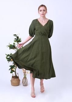 Unmissable! Check out this Wrap Dress Dark Green Dress, Linen Dresses, Hand made Clothing, Linen Kimono Dress, Mother Of The Bride Dress, Summer Dress,Plus Size Dress only at $118.00. #RetroStyle #DressForWomen #LongLinenDress #ALineDress #GiftForMom #LinenDress #FittedCutDress #SummerDress #LongDress #CustomizedDress Dark Green Linen Dress, Vintage Linen Dress For Spring, Spring Vintage Linen Dress, Spring Olive Linen Dress, Vintage Knee-length Linen Dress, Olive Dress Outfit, Plus Size Minimalist Outfits, Summer Dress Plus Size, Green Linen Dress