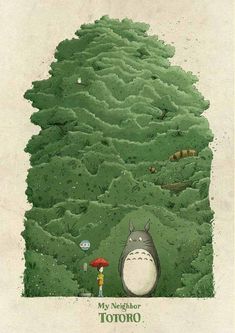 the poster for totoro is shown in green