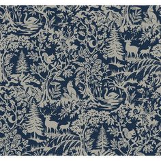 an intricate blue and white wallpaper with deers in the woods