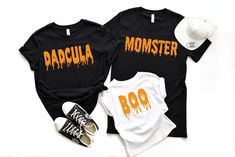 "Matching Halloween Family shirts, Momster Dadcula Little Monster Shirt , Halloween Family Matching Shirts, Family Halloween Outfit Costume ---How To Order --- 1-) Please, check and review all photos 2-) Choose your t-shirt size and color 3-) Write your Graphic or design ( Momser, Dadcula, Boo, Little Monster) color, shirt color in the personalization box 4-) Click add to cart. You can go back to add more product 5-)Click \"Proceed to check out\" 6-)When you check out, you can add a note to the Halloween Family Shirts, Disney Birthday Shirt, Monster Shirt, Family Matching Shirts, Outfit Costume, Halloween Family, Womens Disney Shirts, Matching Halloween, Anniversary Shirt