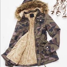 Camo Jacket With Waist Sinch, Fur Lined, Pockets And Removable Fur Hood Military Style Outerwear With Fleece Lining For Fall, Military Outerwear With Fleece Lining For Fall, Winter Camouflage Utility Jacket With Pockets, Winter Camouflage Outerwear With Fleece Lining, Military Style Parka For Cold Weather In Fall, Fall Camouflage Outerwear With Fleece Lining, Camouflage Outerwear For Cold Fall Weather, Tommy Hilfiger Belt, Suede Blazer