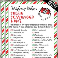 a christmas holiday selfie scavenger hunt is shown in red, green and white