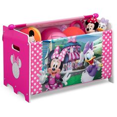 a toy chest with minnie mouse and other toys in it