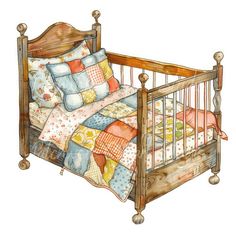 a watercolor drawing of a crib with pillows and blankets