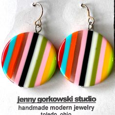 These Super Cute Acrylic Disc Earrings Are Stripped In A Variety Of Summer Fun Colors! Sterling Silver French Hooks. By Jenny Gorkowski. Length 1 3/4” Artisan Earrings, Disc Earrings, Handmade Modern, Modern Jewelry, Summer Fun, Jewelry Design, Jewelry Earrings, Women Jewelry, Sterling Silver