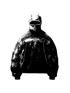 a black and white photo of a person wearing a jacket with a helmet on it