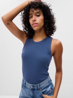 Ribbed High Neck Tank | Gap Factory Everyday Blue Ribbed Tops, Everyday Blue Ribbed Tank Top, Casual Crew Neck Ribbed Tank Top, Casual Crew Neck Tank Top With Ribbing, Blue Ribbed Crew Neck Tank Top, Ribbed Crew Neck Tank Top, Trendy Striped Ribbed Tank Top, Toddler Jeans, High Neck Tank