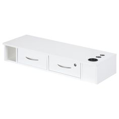 a white shelf with three drawers and two knobs on the bottom one drawer is open