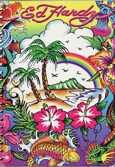 an album cover with tropical scenes and rainbows on the front, including palm trees