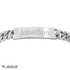 Identify yourself, remember a loved one, or display a special date with this classic engravable ID bracelet. Handcrafted in stainless steel, this 8.5" men's bracelet features a curb-link chain secured with a lobster clasp for just the right fit. Classic Stainless Steel Chain Bracelet, Classic Personalized Stainless Steel Chain Bracelet, Personalized Stainless Steel Nameplate Bracelet, Classic Personalized Rectangular Bracelets, Classic Personalized Rectangular Bracelet, Custom Name Stainless Steel Nameplate Bracelet, Everyday Stainless Steel Nameplate Jewelry, Classic Engraved White Gold Chain Bracelet, Silver Stainless Steel Bracelet With Engraved Text