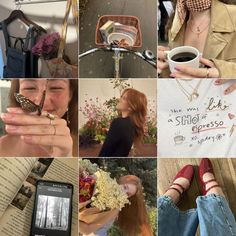 a collage of photos with people holding flowers and cell phones in their hands, including a woman sitting on a bike