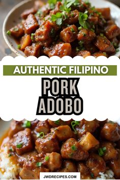 an image of pork adobo with rice and garnish on the side