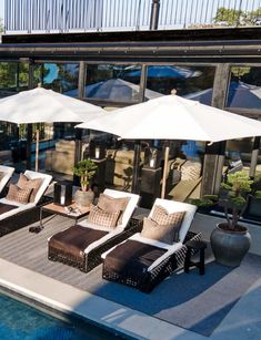 lounge chairs and umbrellas are by the pool