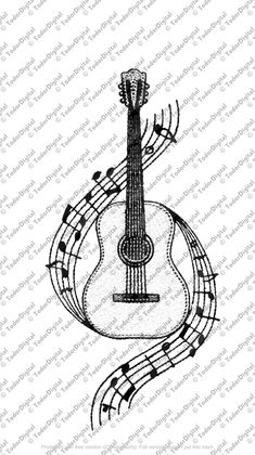 an acoustic guitar with musical notes in the shape of a treble and music staff