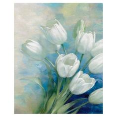 a painting of white tulips in a blue vase