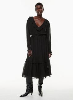 Chiffon Tiered Dresses For Fall, Tiered Chiffon Dresses For Fall, Tiered Chiffon Fall Dresses, Chic Chiffon Midi Dress For Daywear, Chiffon Midi Dress With Ruffles For Daywear, Flowy Chiffon Midi Dress For Work, Elegant Midi Length Tiered Dress For Daywear, Feminine Chiffon Midi Dress For Fall, Chiffon Midi Dress For Work