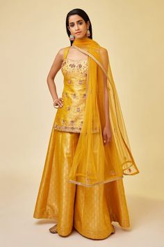 Buy Yellow Brocade Woven Floral Sweetheart Sleeveless Kurta Sharara Set For Women by Shyam Narayan Prasad Online at Aza Fashions.