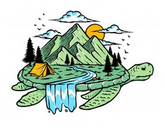 a drawing of a turtle with a tent on it's back and mountains in the background