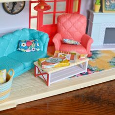 a doll house living room with furniture and accessories