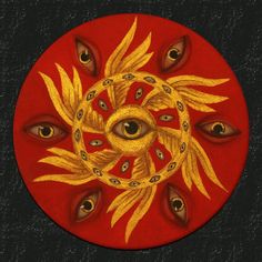 an eyeball with yellow feathers on it is surrounded by other eyes in front of a red background