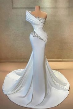 White Long One Shoulder Mermaid Lace Satin Prom Dress With Beads – BIZTUNNEL Drag Ideas, Trumpet Evening Dress, Evening Wear Dresses, Shoes Bride, Tulle Homecoming Dress, White Prom Dress