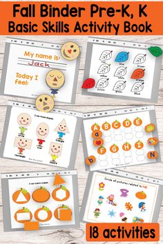 the fall binder prek k basic skills activity book is shown with pictures of pumpkins and leaves