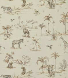 an animal themed wallpaper with zebras, giraffes and palm trees