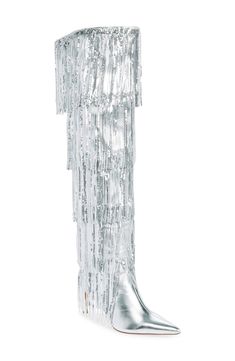 Cascading tiers of sequin fringe bring the dazzle of a disco ball to a glamorous metallic boot lifted by a sleek stiletto and finished with a sharp pointy toe. 3" heel 23" shaft; 18" calf circumference Pull-on style Synthetic upper, lining and sole Imported Asian & Pacific Islander Owned/Founded Sequin Boots, Metallic Boots, Azalea Wang, Chunky Heels Boots, Fringe Boots, Pointed Toe Heels, Long Boots, Stiletto Heel, Over The Knee Boots