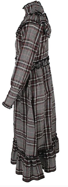 Description: ﻿Ganni black, white, and russet plaid 'charron' long sleeve seersucker maxi dress features clear metallic threading woven throughout ruffle trim barrel cuffs stand collar back zip closure; unlined bust: 36 inches waist: 30 inches hips: 50 inches total length: 49 inches Details: Size: 38 Brand: Ganni Material: 55% cotton, 38% polyester, 7% polyamide Condition: Good, preowned Shipping: Standard: $9.95 Expedited: $19.95 Daywear Plaid Dress With Ruffles, Long Sleeve Plaid Dress With Ruffles, Long Sleeve Plaid Dress With Ruffle Hem, Long Sleeve Plaid Dress For Daywear, Long Sleeve Plaid Dress With Ruffles For Fall, Plaid Long Sleeve Dress For Daywear, Fall Plaid Long Sleeve Dress With Ruffles, Long Sleeve Plaid Dress For Fall Daywear, Plaid Dress