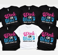 six shirts with pink or blue designs on the front and back, all in different colors