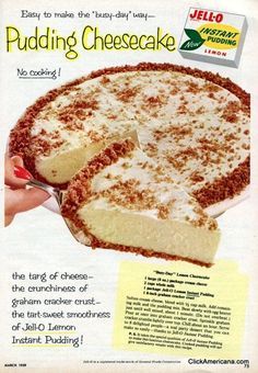 an advertisement for pudding cheesecake with someone cutting into the cake and toppings on it