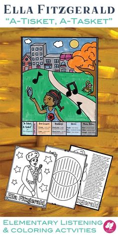 the cover of ella fitzgerald's book, elementary listening and coloring activities