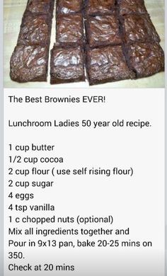 the recipe for brownies is shown in this screenshote screen shot, which shows how