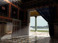 an open door leading into a room with columns and curtains on the walls, in front of a lake