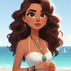 a woman with long hair standing in front of the ocean wearing jewelry and necklaces