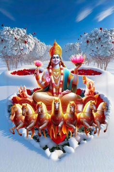 the god sitting on top of a group of animals in snow covered ground with trees