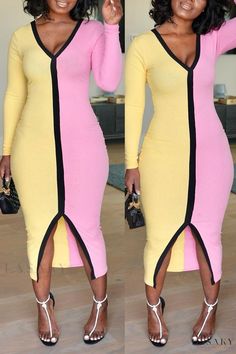 Lasaky - Sleek V-Neck Midi Dress with Slitted Front Panel Chic Midi Dress With Split Design And V-neck, Chic Midi Dress With V-neck And Split Design, Pink V-neck Dress With Side Slits, Spring Midi Bodycon Dress With Split Design, Stretch V-neck Midi Dress With Side Slits, V-neck Midi Dress With Split Design, Stretch Midi Dress With Side Slits And V-neck, Spring Stretch Midi Dress With Split Hem, V-neck Bodycon Dress With Side Slits