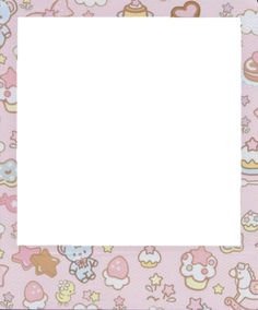 a pink photo frame with hello kitty and other cartoon characters on the wall behind it