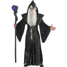 an adult male wizard with long white hair and beard holding a staff, standing in front of a white background