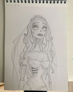 a drawing of a woman with long hair wearing a tiara and holding a dress