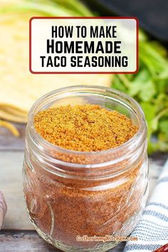 a jar filled with taco seasoning sitting on top of a table