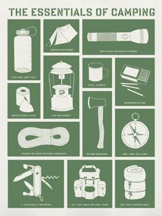 the essentials of camping poster in green and white